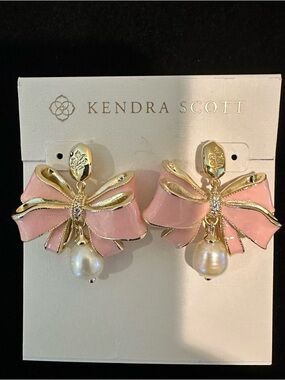 Kendra Scott Pink Enamel Bow Earrings with Pearl Drop